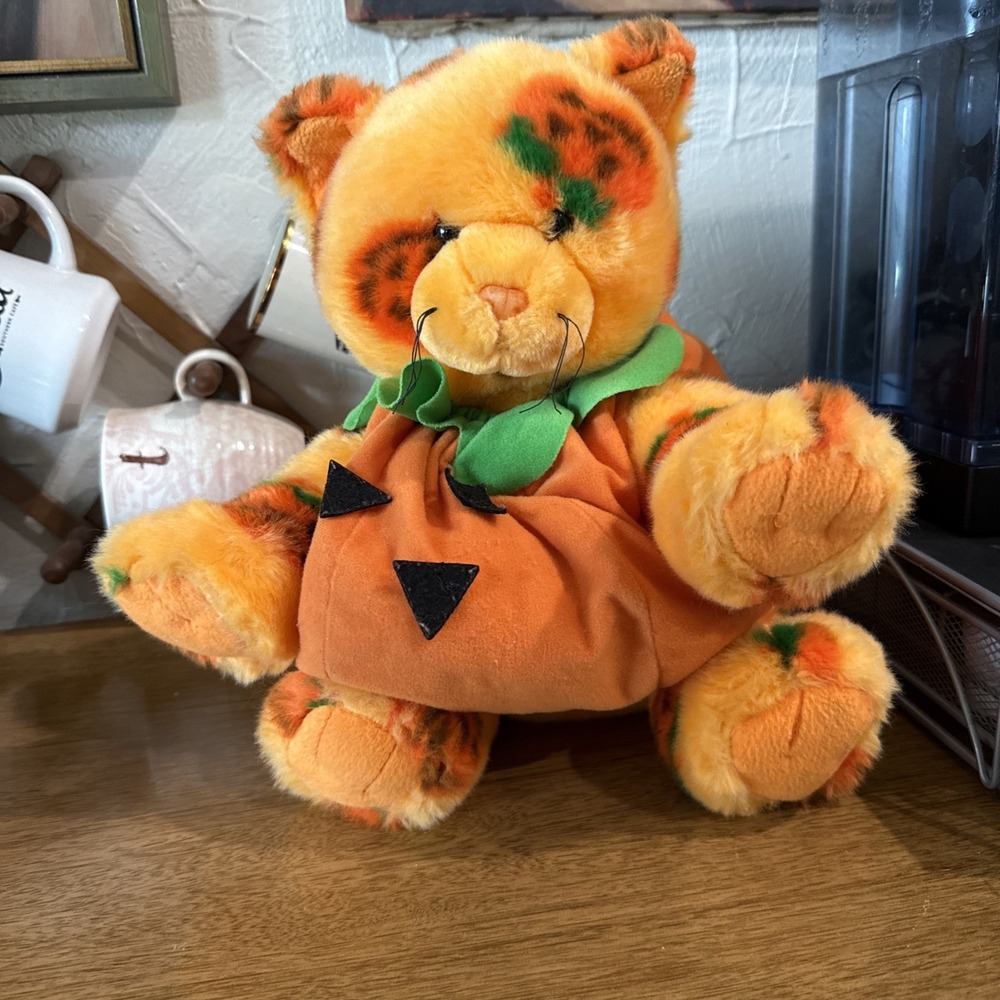 Build A Bear Stuffed Pumpkin Kitty 2008 Halloween Plush Jack O'Lantern Cat vtg
